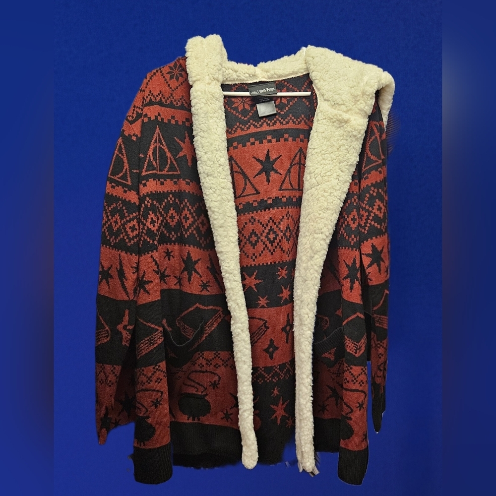 Harry Potter Deathly Hallows Fair Isle Sherpa Open Cardigan